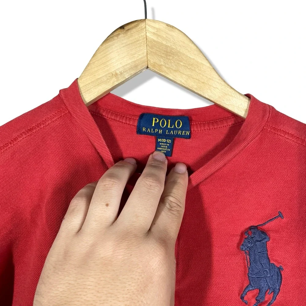 Polo Ralph Lauren Henley Shirt Kids M Red Blue Preppy Big Pony Long Sleeve‎